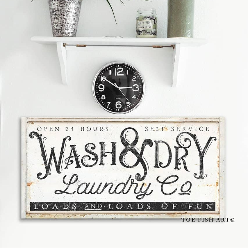 Wash & Dry Laundry Co. Sign handmade by ToeFishArt. Original, custom, personalized wall decor signs. Canvas, Wood or Metal. Rustic modern farmhouse, cottagecore, vintage, retro, industrial, Americana, primitive, country, coastal, minimalist.