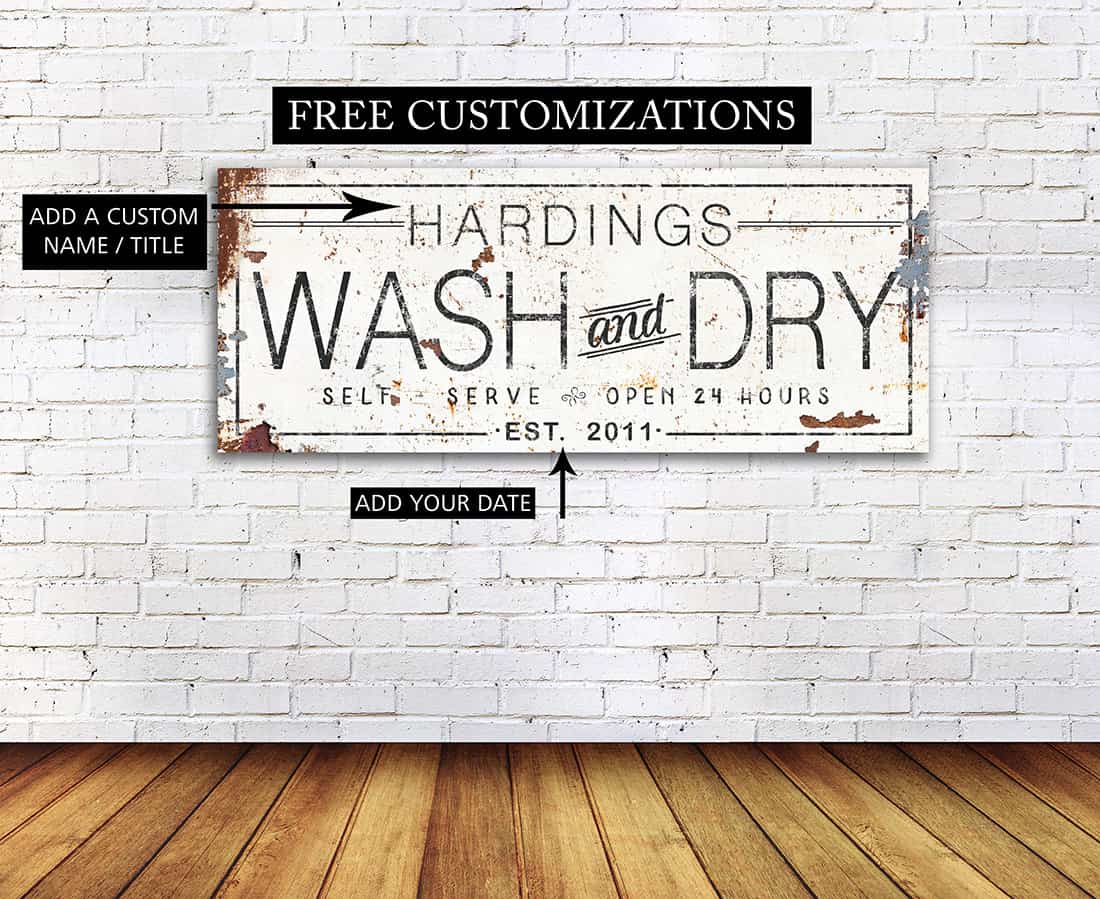 Wash and Dry Self Serve Sign handmade by ToeFishArt. Original, custom, personalized wall decor signs. Canvas, Wood or Metal. Rustic modern farmhouse, cottagecore, vintage, retro, industrial, Americana, primitive, country, coastal, minimalist.