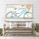 Welcome Spring Sign, Beautiful Blue Bicycle Fresh Flowers Artwork in Minimalist Vintage Coastal Farmhouse Style handmade by ToeFishArt. Original, custom, personalized wall decor signs. Canvas, Wood or Metal. Rustic modern farmhouse, cottagecore, vintage, retro, industrial, Americana, primitive, country, coastal, minimalist.