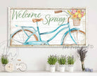 Welcome Spring Sign, Beautiful Blue Bicycle Fresh Flowers Artwork in Minimalist Vintage Coastal Farmhouse Style handmade by ToeFishArt. Original, custom, personalized wall decor signs. Canvas, Wood or Metal. Rustic modern farmhouse, cottagecore, vintage, retro, industrial, Americana, primitive, country, coastal, minimalist.