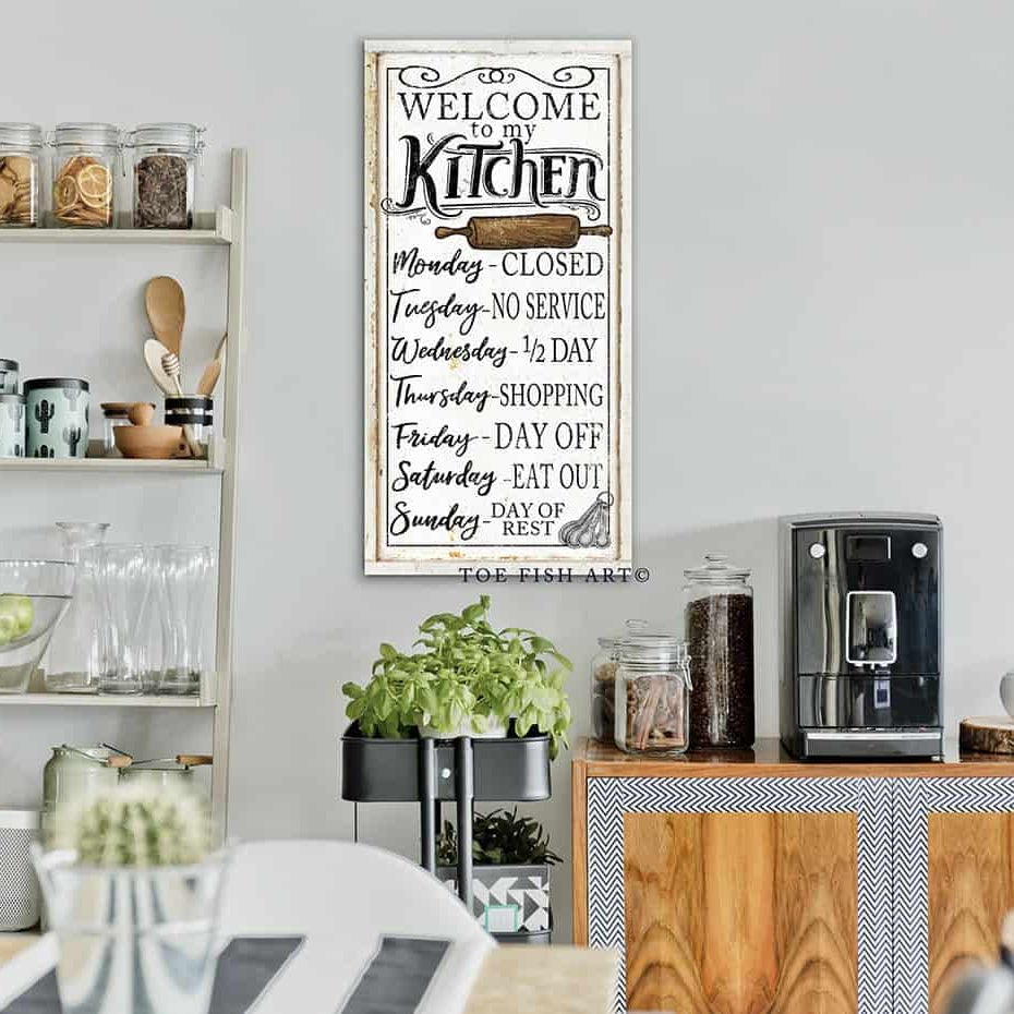 Welcome To My Kitchen Sign handmade by ToeFishArt. Original, custom, personalized wall decor signs. Canvas, Wood or Metal. Rustic modern farmhouse, cottagecore, vintage, retro, industrial, Americana, primitive, country, coastal, minimalist.