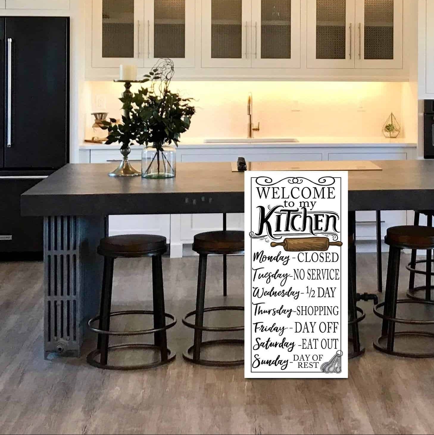 Welcome To My Kitchen Sign handmade by ToeFishArt. Original, custom, personalized wall decor signs. Canvas, Wood or Metal. Rustic modern farmhouse, cottagecore, vintage, retro, industrial, Americana, primitive, country, coastal, minimalist.