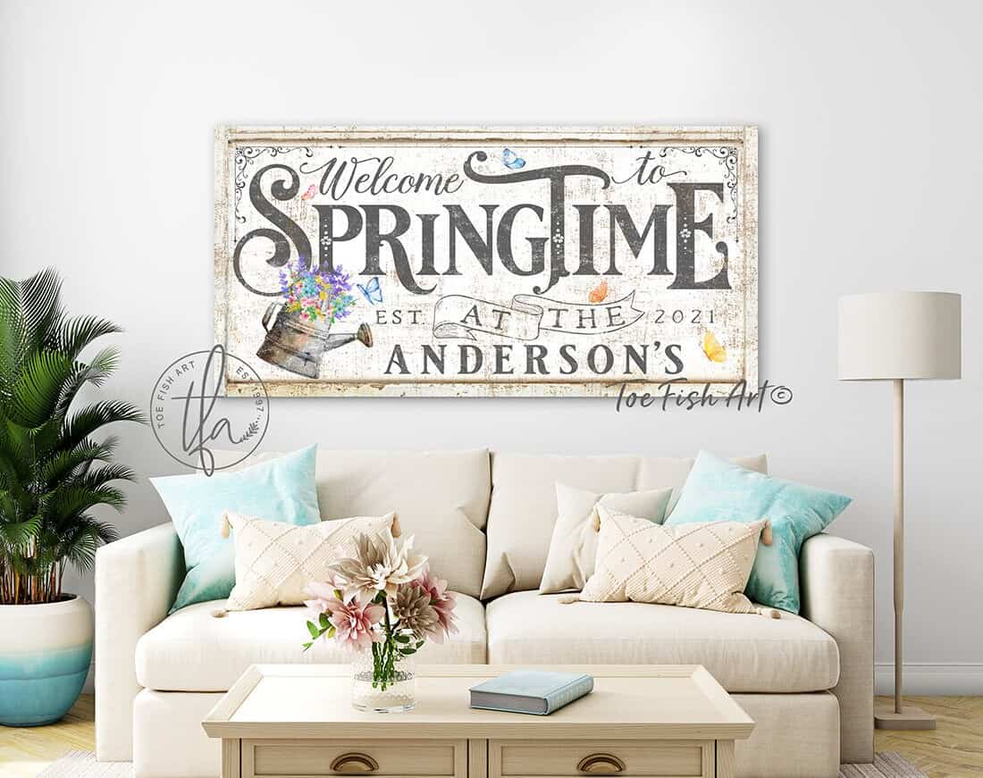 Welcome to Springtime Sign handmade by ToeFishArt. Original, custom, personalized wall decor signs. Canvas, Wood or Metal. Rustic modern farmhouse, cottagecore, vintage, retro, industrial, Americana, primitive, country, coastal, minimalist.