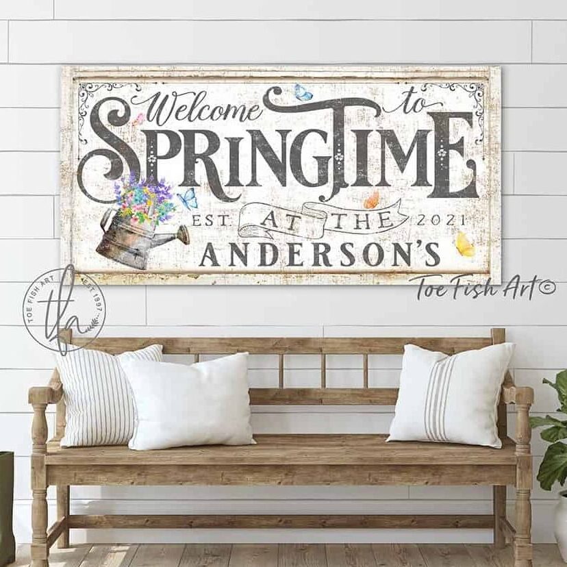 Welcome to Springtime Sign handmade by ToeFishArt. Original, custom, personalized wall decor signs. Canvas, Wood or Metal. Rustic modern farmhouse, cottagecore, vintage, retro, industrial, Americana, primitive, country, coastal, minimalist.