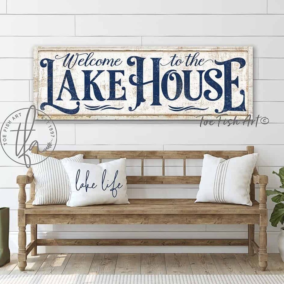 Welcome to the Lake House Sign handmade by ToeFishArt. Original, custom, personalized wall decor signs. Canvas, Wood or Metal. Rustic modern farmhouse, cottagecore, vintage, retro, industrial, Americana, primitive, country, coastal, minimalist.