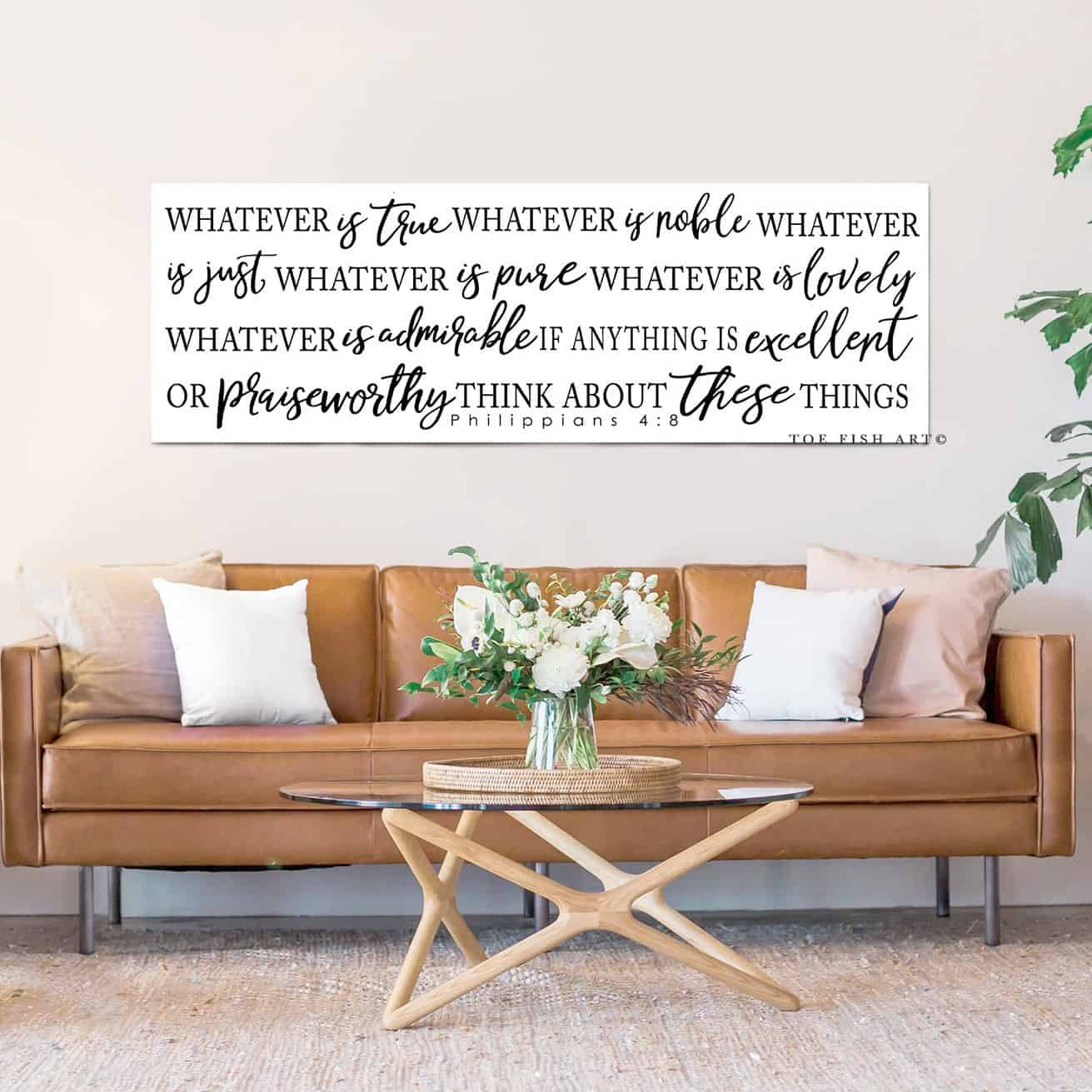 Whatever is True Sign Sign handmade by ToeFishArt. Original, custom, personalized wall decor signs. Canvas, Wood or Metal. Rustic modern farmhouse, cottagecore, vintage, retro, industrial, Americana, primitive, country, coastal, minimalist.