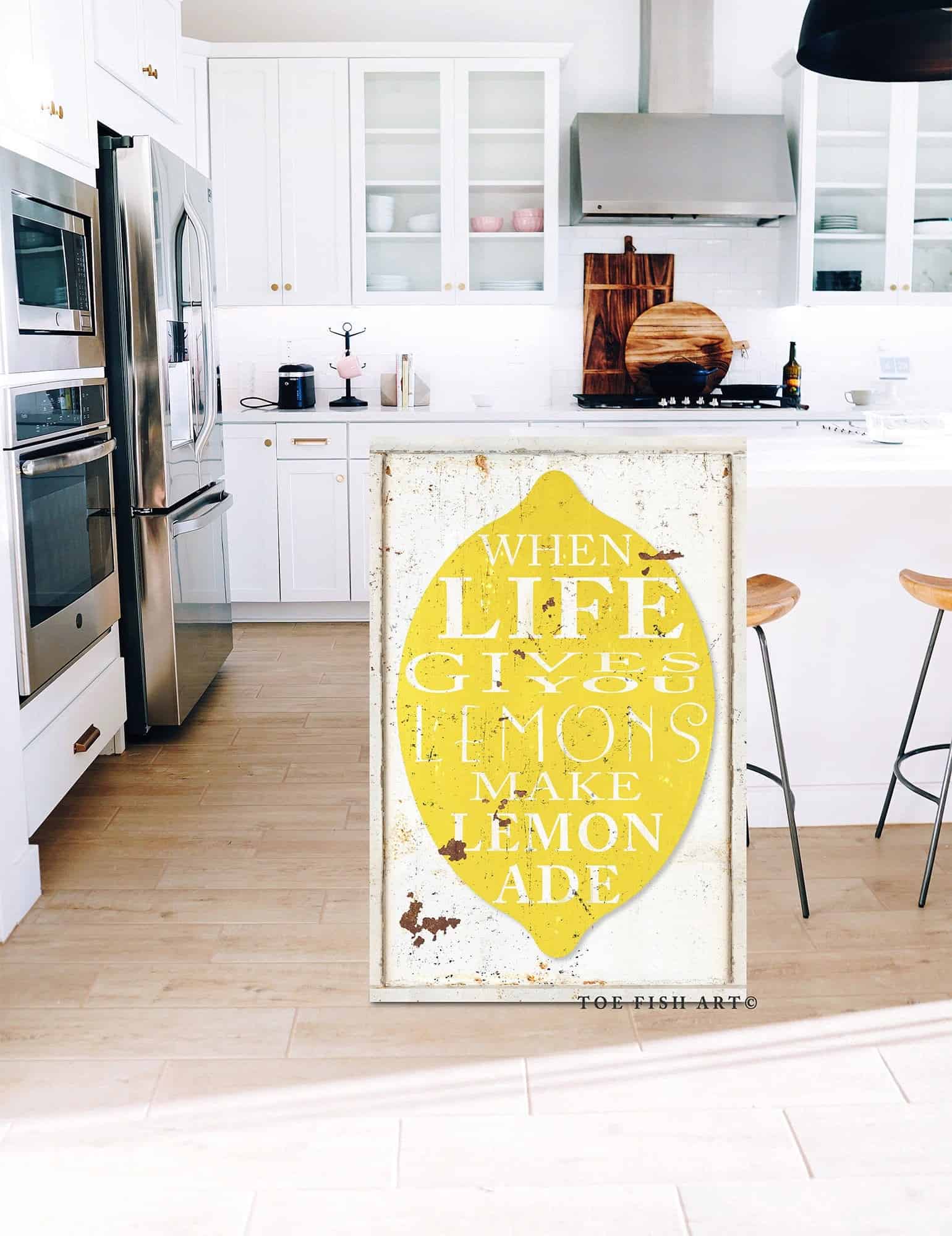 When Life Gives You Lemons Sign handmade by ToeFishArt. Original, custom, personalized wall decor signs. Canvas, Wood or Metal. Rustic modern farmhouse, cottagecore, vintage, retro, industrial, Americana, primitive, country, coastal, minimalist.