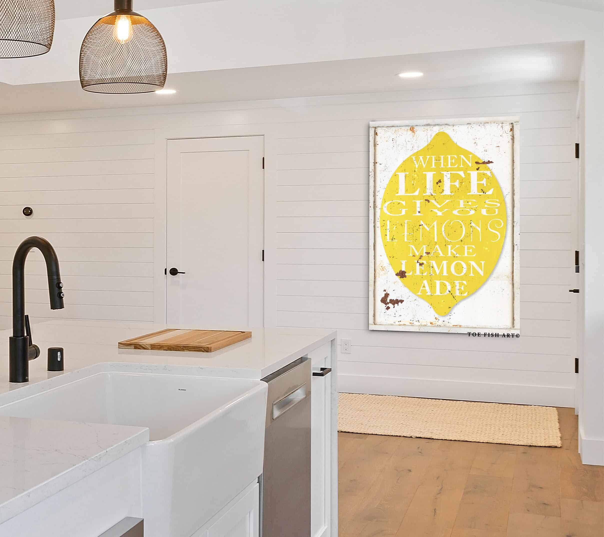 When Life Gives You Lemons Sign handmade by ToeFishArt. Original, custom, personalized wall decor signs. Canvas, Wood or Metal. Rustic modern farmhouse, cottagecore, vintage, retro, industrial, Americana, primitive, country, coastal, minimalist.