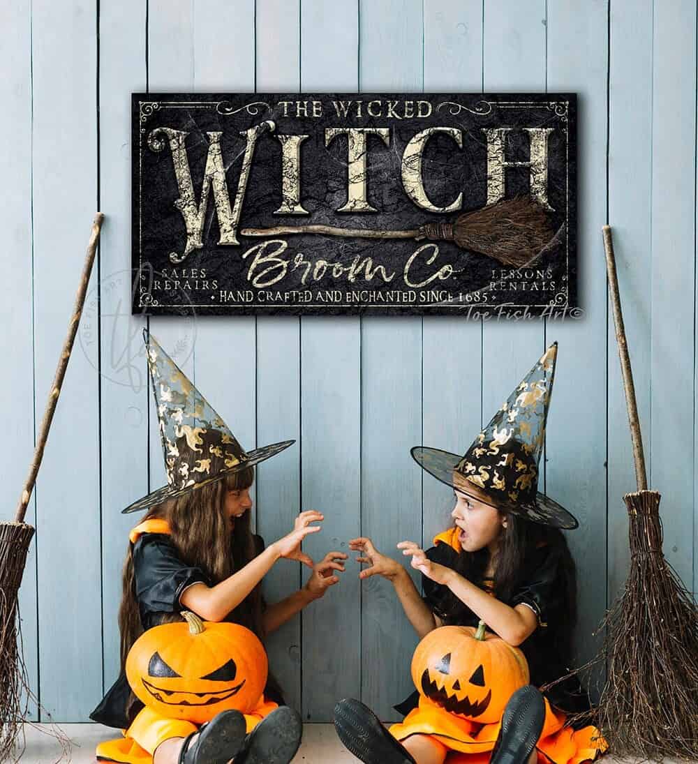 Wicked Witch Broom Co. Sign handmade by ToeFishArt. Original, custom, personalized wall decor signs. Canvas, Wood or Metal. Rustic modern farmhouse, cottagecore, vintage, retro, industrial, Americana, primitive, country, coastal, minimalist.