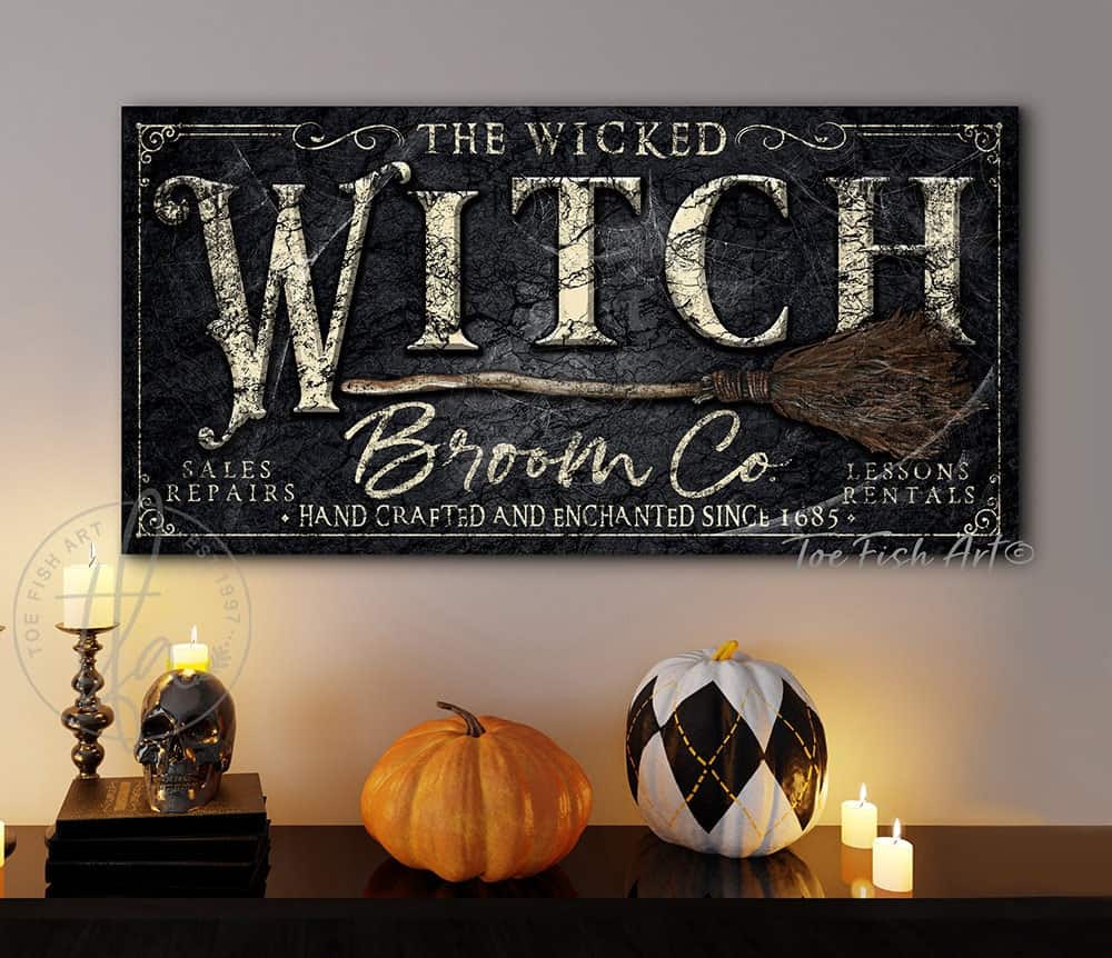Wicked Witch Broom Co. Sign handmade by ToeFishArt. Original, custom, personalized wall decor signs. Canvas, Wood or Metal. Rustic modern farmhouse, cottagecore, vintage, retro, industrial, Americana, primitive, country, coastal, minimalist.