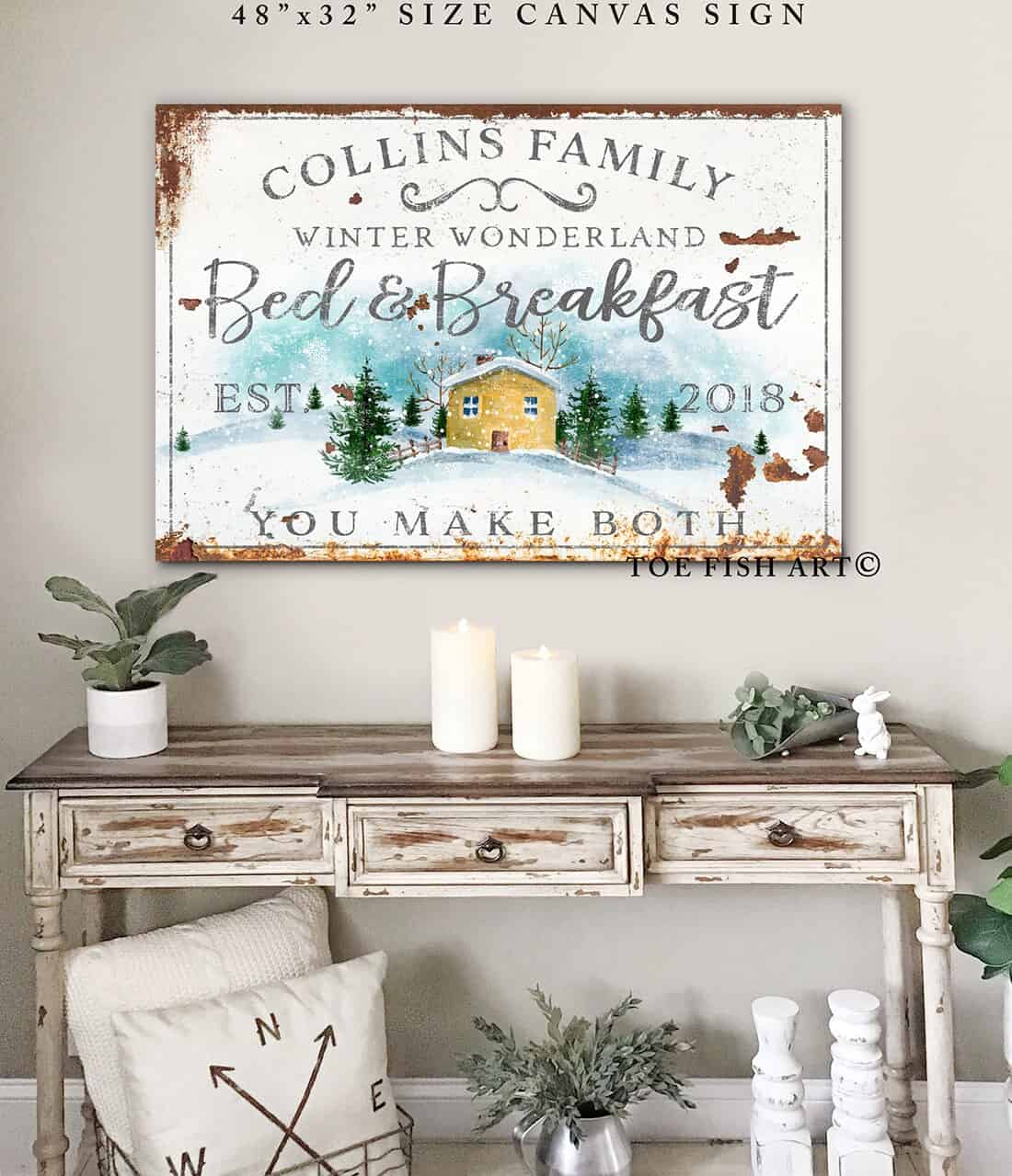 Winter Wonderland Bed & Breakfast Sign handmade by ToeFishArt. Original, custom, personalized wall decor signs. Canvas, Wood or Metal. Rustic modern farmhouse, cottagecore, vintage, retro, industrial, Americana, primitive, country, coastal, minimalist.