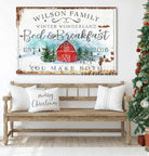 Winter Wonderland Bed & Breakfast Sign handmade by ToeFishArt. Original, custom, personalized wall decor signs. Canvas, Wood or Metal. Rustic modern farmhouse, cottagecore, vintage, retro, industrial, Americana, primitive, country, coastal, minimalist.
