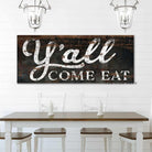 Y'all Come Eat Sign handmade by ToeFishArt. Original, custom, personalized wall decor signs. Canvas, Wood or Metal. Rustic modern farmhouse, cottagecore, vintage, retro, industrial, Americana, primitive, country, coastal, minimalist.