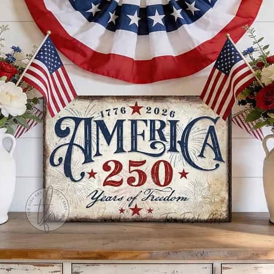 American independence anniversary celebrating 1776–2026: "250 Years of Freedom" vintage patriotic wall art in rustic red, white, and blue Americana style, designed and made exclusively by Toe Fish Art. Be surrounded by decor you LOVE! Choose premium framed canvas or durable outdoor metal. Toe Fish Art makes artisan wall art with American materials. Proudly Made in the USA, each piece is expertly constructed with genuine craftsmanship, heritage quality, and rustic charm.