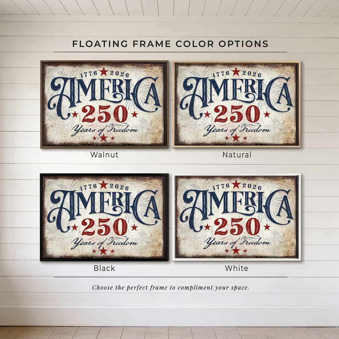 American independence anniversary celebrating 1776–2026: "250 Years of Freedom" vintage patriotic wall art in rustic red, white, and blue Americana style, designed and made exclusively by Toe Fish Art. Be surrounded by decor you LOVE! Choose premium framed canvas or durable outdoor metal. Toe Fish Art makes artisan wall art with American materials. Proudly Made in the USA, each piece is expertly constructed with genuine craftsmanship, heritage quality, and rustic charm.