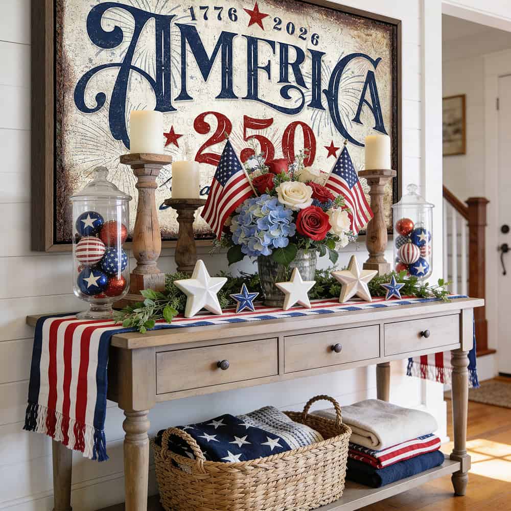 American independence anniversary celebrating 1776–2026: "250 Years of Freedom" vintage patriotic wall art in rustic red, white, and blue Americana style, designed and made exclusively by Toe Fish Art. Be surrounded by decor you LOVE! Choose premium framed canvas or durable outdoor metal. Toe Fish Art makes artisan wall art with American materials. Proudly Made in the USA, each piece is expertly constructed with genuine craftsmanship, heritage quality, and rustic charm.