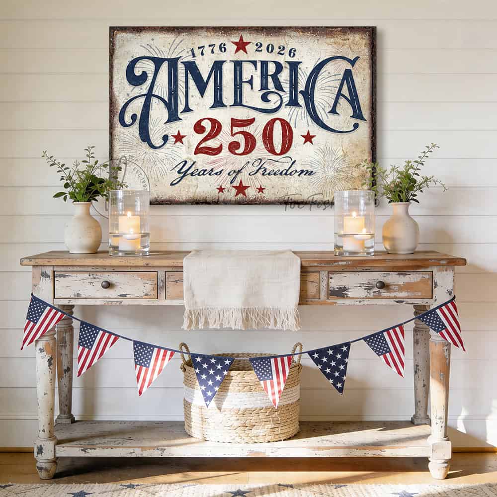 American independence anniversary celebrating 1776–2026: "250 Years of Freedom" vintage patriotic wall art in rustic red, white, and blue Americana style, designed and made exclusively by Toe Fish Art. Be surrounded by decor you LOVE! Choose premium framed canvas or durable outdoor metal. Toe Fish Art makes artisan wall art with American materials. Proudly Made in the USA, each piece is expertly constructed with genuine craftsmanship, heritage quality, and rustic charm.