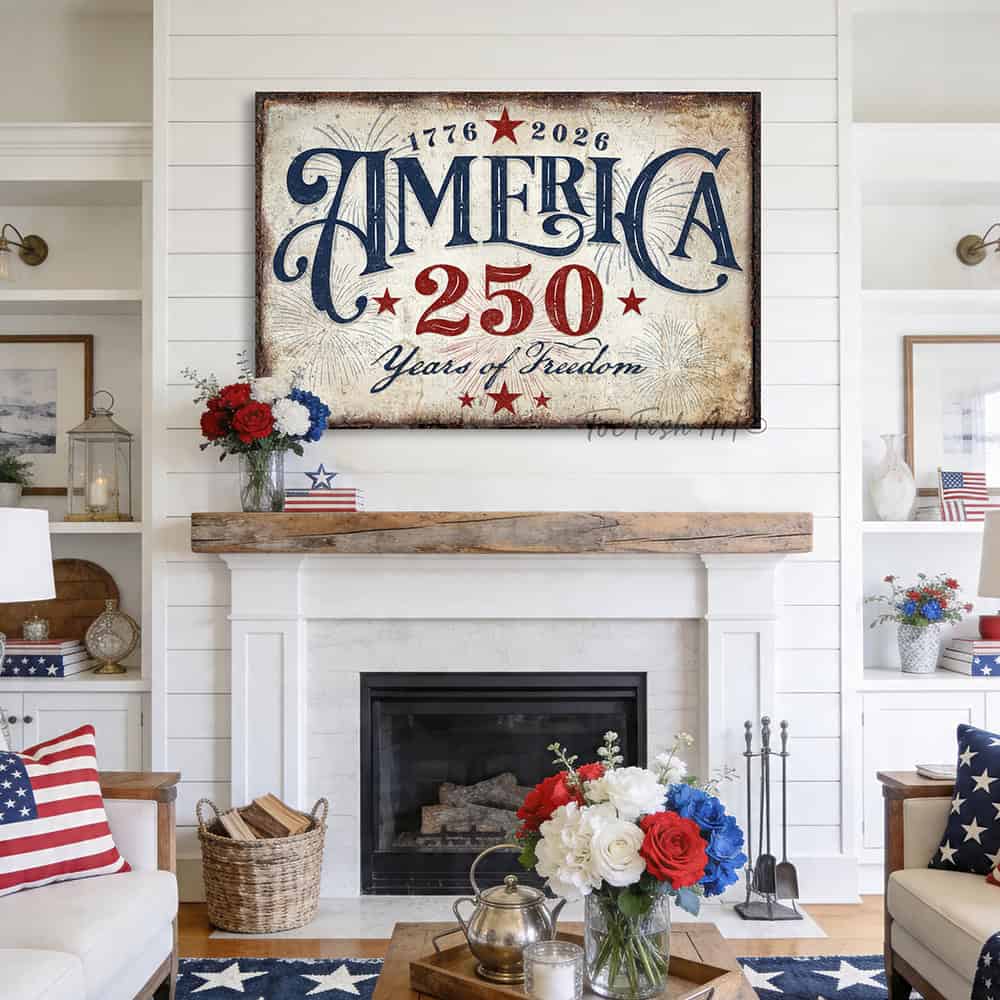 American independence anniversary celebrating 1776–2026: "250 Years of Freedom" vintage patriotic wall art in rustic red, white, and blue Americana style, designed and made exclusively by Toe Fish Art. Be surrounded by decor you LOVE! Choose premium framed canvas or durable outdoor metal. Toe Fish Art makes artisan wall art with American materials. Proudly Made in the USA, each piece is expertly constructed with genuine craftsmanship, heritage quality, and rustic charm.