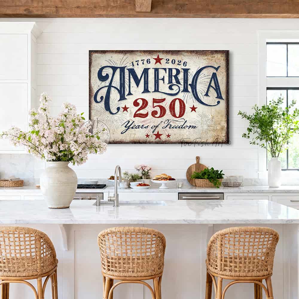 American independence anniversary celebrating 1776–2026: "250 Years of Freedom" vintage patriotic wall art in rustic red, white, and blue Americana style, designed and made exclusively by Toe Fish Art. Be surrounded by decor you LOVE! Choose premium framed canvas or durable outdoor metal. Toe Fish Art makes artisan wall art with American materials. Proudly Made in the USA, each piece is expertly constructed with genuine craftsmanship, heritage quality, and rustic charm.