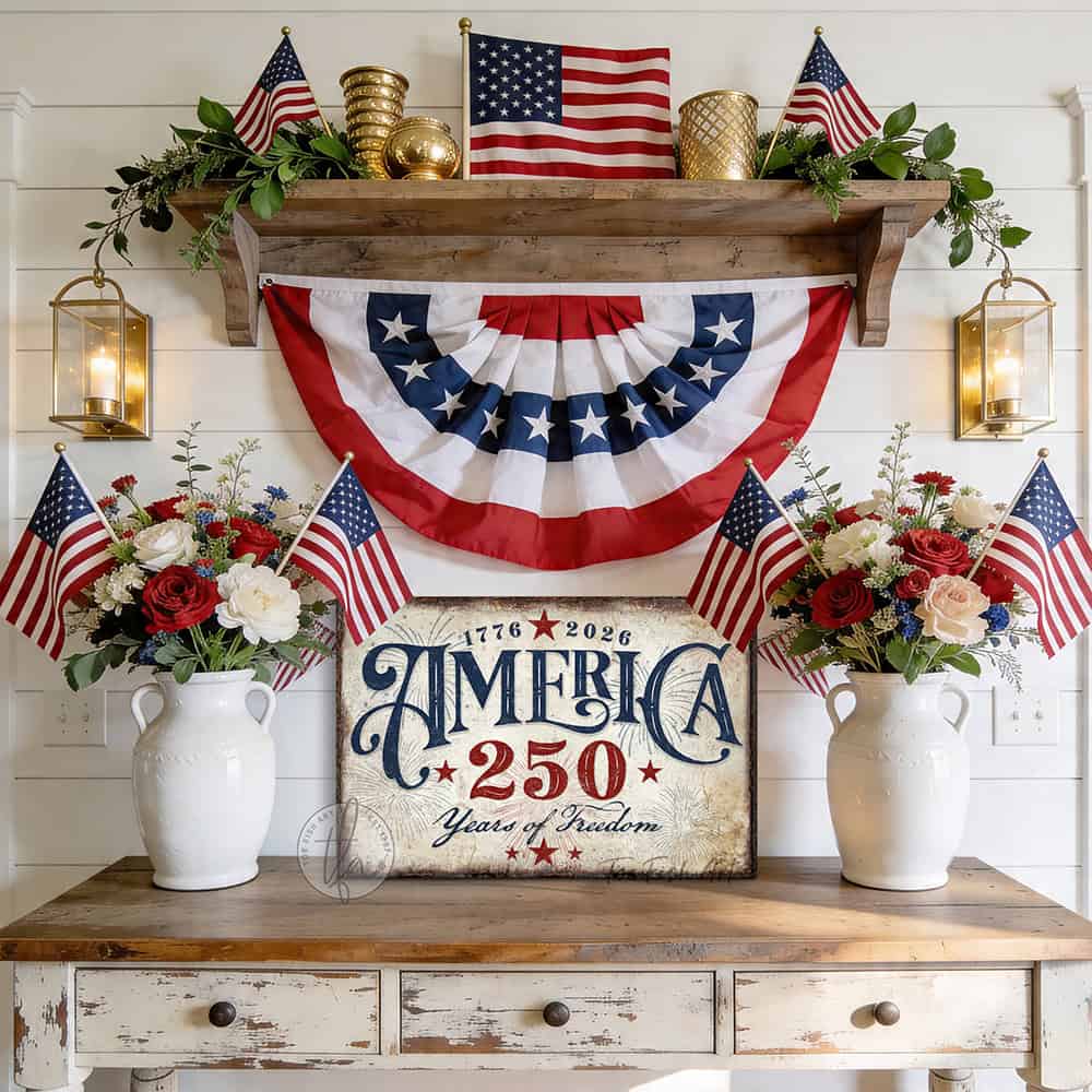 American independence anniversary celebrating 1776–2026: "250 Years of Freedom" vintage patriotic wall art in rustic red, white, and blue Americana style, designed and made exclusively by Toe Fish Art. Be surrounded by decor you LOVE! Choose premium framed canvas or durable outdoor metal. Toe Fish Art makes artisan wall art with American materials. Proudly Made in the USA, each piece is expertly constructed with genuine craftsmanship, heritage quality, and rustic charm.