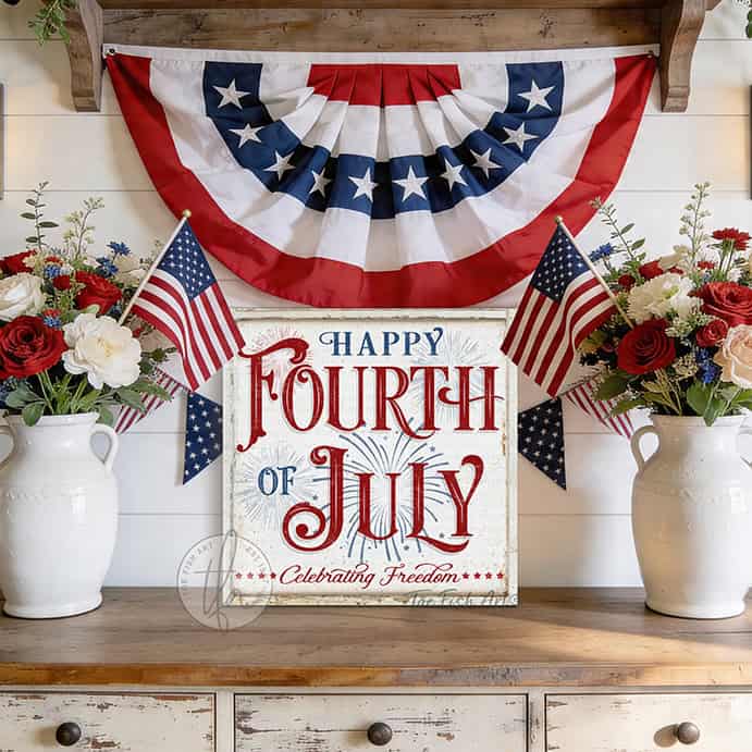 Celebrate America and Freedom with this Happy Fourth of July sign featuring a vintage red, white, and blue design with subtle fireworks and stars handmade in the USA by Toe Fish Art. Choose between premium framed canvas or durable outdoor metal. Toe Fish Art makes artisan wall art with American materials. Proudly Made in the USA, each piece is expertly constructed with genuine craftsmanship, heritage quality, and rustic charm.