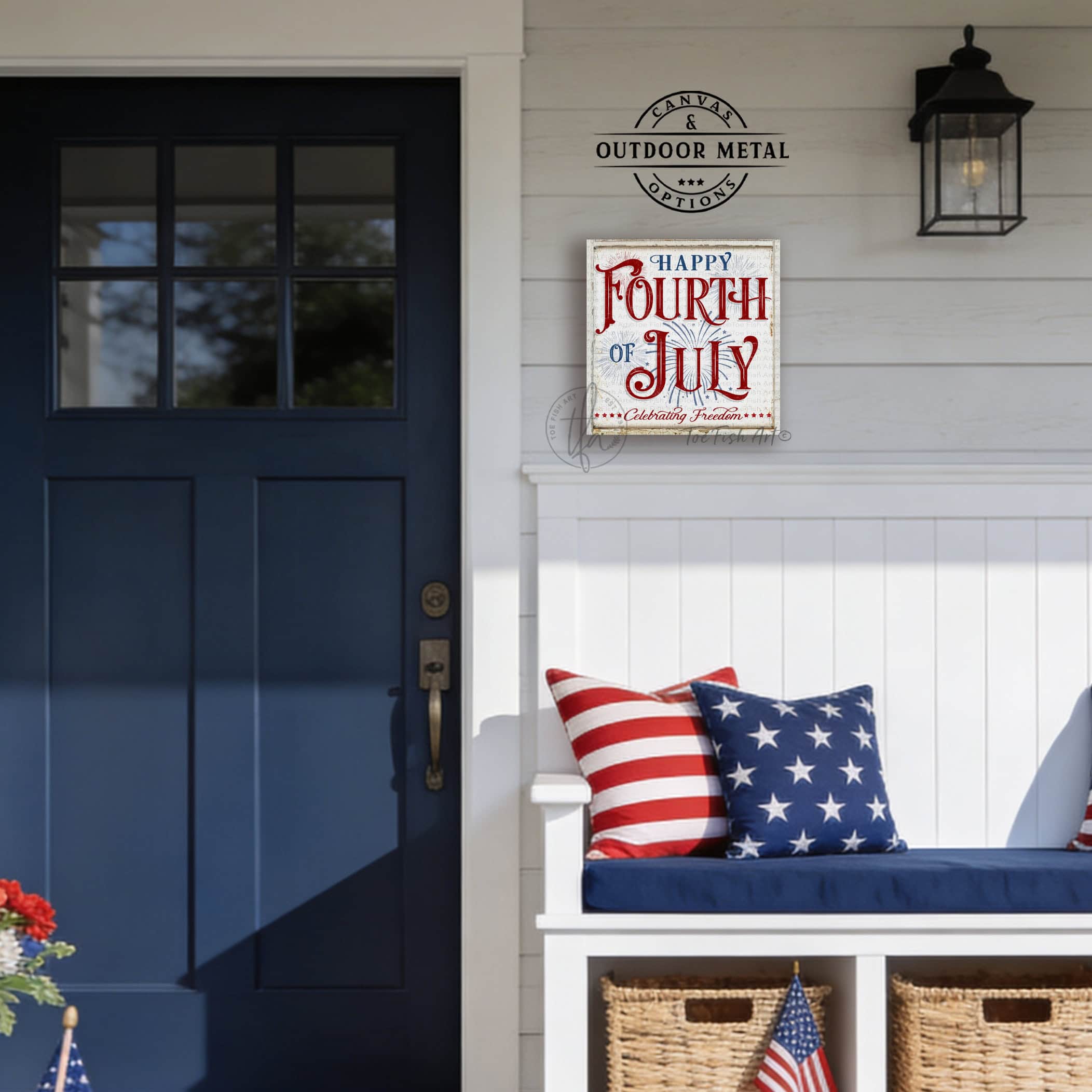 Celebrate America and Freedom with this Happy Fourth of July sign featuring a vintage red, white, and blue design with subtle fireworks and stars handmade in the USA by Toe Fish Art. Choose between premium framed canvas or durable outdoor metal. Toe Fish Art makes artisan wall art with American materials. Proudly Made in the USA, each piece is expertly constructed with genuine craftsmanship, heritage quality, and rustic charm.