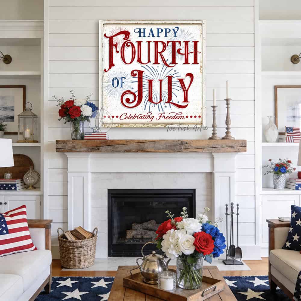 Celebrate America and Freedom with this Happy Fourth of July sign featuring a vintage red, white, and blue design with subtle fireworks and stars handmade in the USA by Toe Fish Art. Choose between premium framed canvas or durable outdoor metal. Toe Fish Art makes artisan wall art with American materials. Proudly Made in the USA, each piece is expertly constructed with genuine craftsmanship, heritage quality, and rustic charm.