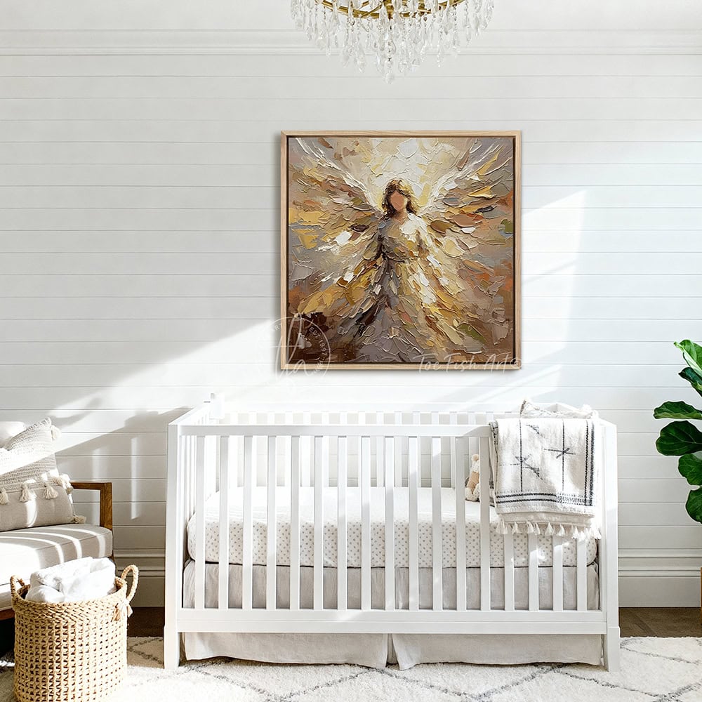 This stunning abstract angel wall art by Toe Fish Art blends contemporary design with meaningful spiritualism. Inspired by impasto-style paintings, the artwork features soft, layered textures and neutral yet bold tones. Be surrounded by decor you LOVE! Choose premium gallery-stretched canvas or elegant framed canvas. Toe Fish Art makes artisan wall art with American materials. Proudly Made in the USA, each piece is expertly constructed with genuine craftsmanship, heritage quality, and rustic charm.