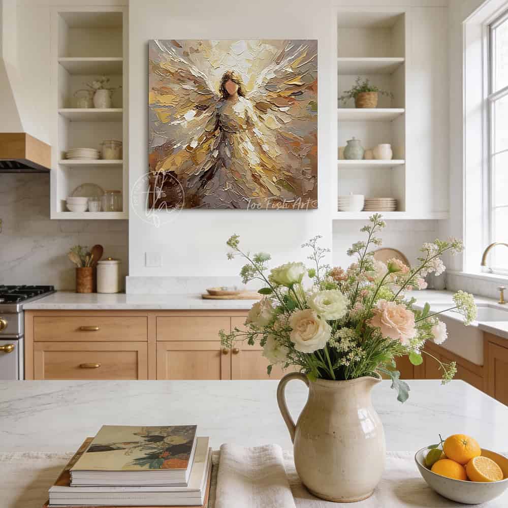 This stunning abstract angel wall art by Toe Fish Art blends contemporary design with meaningful spiritualism. Inspired by impasto-style paintings, the artwork features soft, layered textures and neutral yet bold tones. Be surrounded by decor you LOVE! Choose premium gallery-stretched canvas or elegant framed canvas. Toe Fish Art makes artisan wall art with American materials. Proudly Made in the USA, each piece is expertly constructed with genuine craftsmanship, heritage quality, and rustic charm.