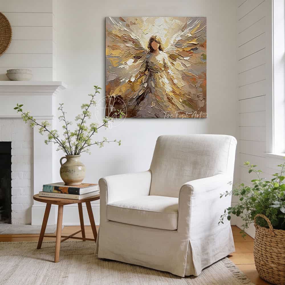 This stunning abstract angel wall art by Toe Fish Art blends contemporary design with meaningful spiritualism. Inspired by impasto-style paintings, the artwork features soft, layered textures and neutral yet bold tones. Be surrounded by decor you LOVE! Choose premium gallery-stretched canvas or elegant framed canvas. Toe Fish Art makes artisan wall art with American materials. Proudly Made in the USA, each piece is expertly constructed with genuine craftsmanship, heritage quality, and rustic charm.