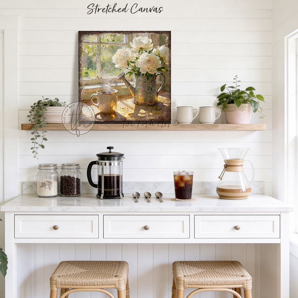 The comfort of sunlight, a warm mug of coffee, and fresh flowers in bloom—this charming piece by Toe Fish Art brings instant vintage magic. A square design captures cottagecore aesthetics with a cozy neutral color palette. Be surrounded by decor you LOVE! Choose premium framed canvas or durable outdoor metal. Toe Fish Art makes artisan wall art with American materials. Proudly Made in the USA, each piece is expertly constructed with genuine craftsmanship, heritage quality, and rustic charm.