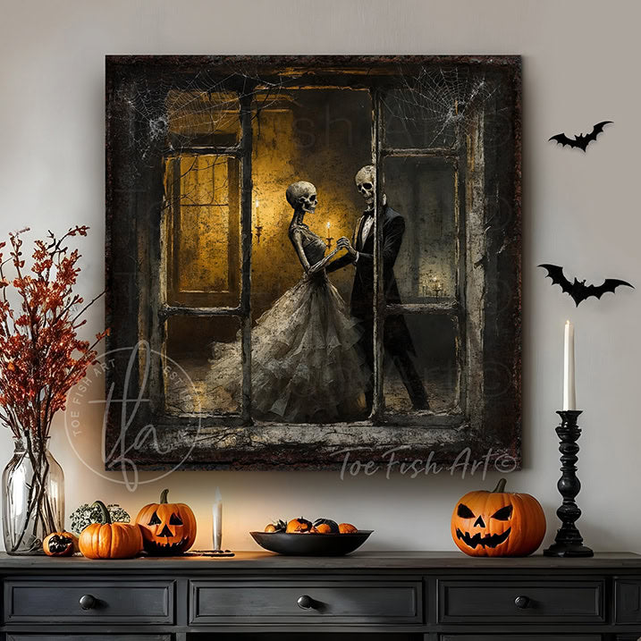 Team up with Toe Fish Art to create the ultimate Fall display with this Dancing Skeletons Halloween Gothic wall art statement piece. Gaze through a rustic, cobweb-covered window as elegantly dressed skeletons dance by candlelight, evoking a vintage romance feel. Choose between premium framed canvas or durable outdoor metal. Toe Fish Art makes artisan wall art with American materials. Proudly Made in the USA, each piece is expertly constructed with genuine craftsmanship, heritage quality, and rustic charm.