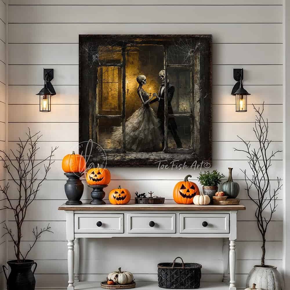 Team up with Toe Fish Art to create the ultimate Fall display with this Dancing Skeletons Halloween Gothic wall art statement piece. Gaze through a rustic, cobweb-covered window as elegantly dressed skeletons dance by candlelight, evoking a vintage romance feel. Choose between premium framed canvas or durable outdoor metal. Toe Fish Art makes artisan wall art with American materials. Proudly Made in the USA, each piece is expertly constructed with genuine craftsmanship, heritage quality, and rustic charm.