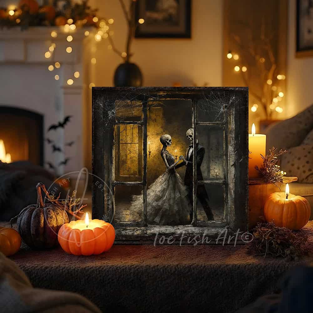 Team up with Toe Fish Art to create the ultimate Fall display with this Dancing Skeletons Halloween Gothic wall art statement piece. Gaze through a rustic, cobweb-covered window as elegantly dressed skeletons dance by candlelight, evoking a vintage romance feel. Choose between premium framed canvas or durable outdoor metal. Toe Fish Art makes artisan wall art with American materials. Proudly Made in the USA, each piece is expertly constructed with genuine craftsmanship, heritage quality, and rustic charm.