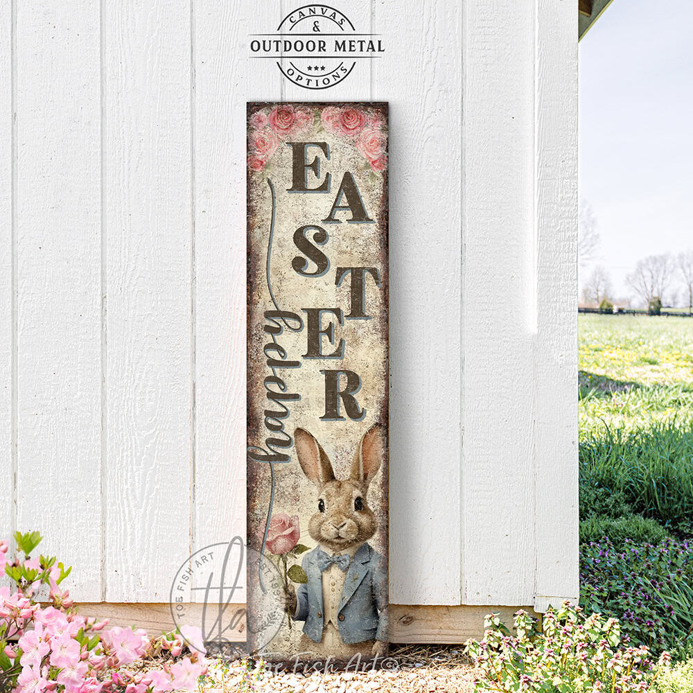 Toe Fish Art makes this premium quality vertical porch leaner "Vintage Easter Bunny Welcome sign" with soft pastel florals and cottagecore farmhouse style to refresh your spring front porch entryway with a "Happy Easter" message. Be surrounded by decor you LOVE! Choose between premium framed canvas or durable outdoor metal. Toe Fish Art makes artisan wall art with American materials. Proudly Made in the USA, each piece is expertly constructed with genuine craftsmanship, heritage quality, and rustic charm.