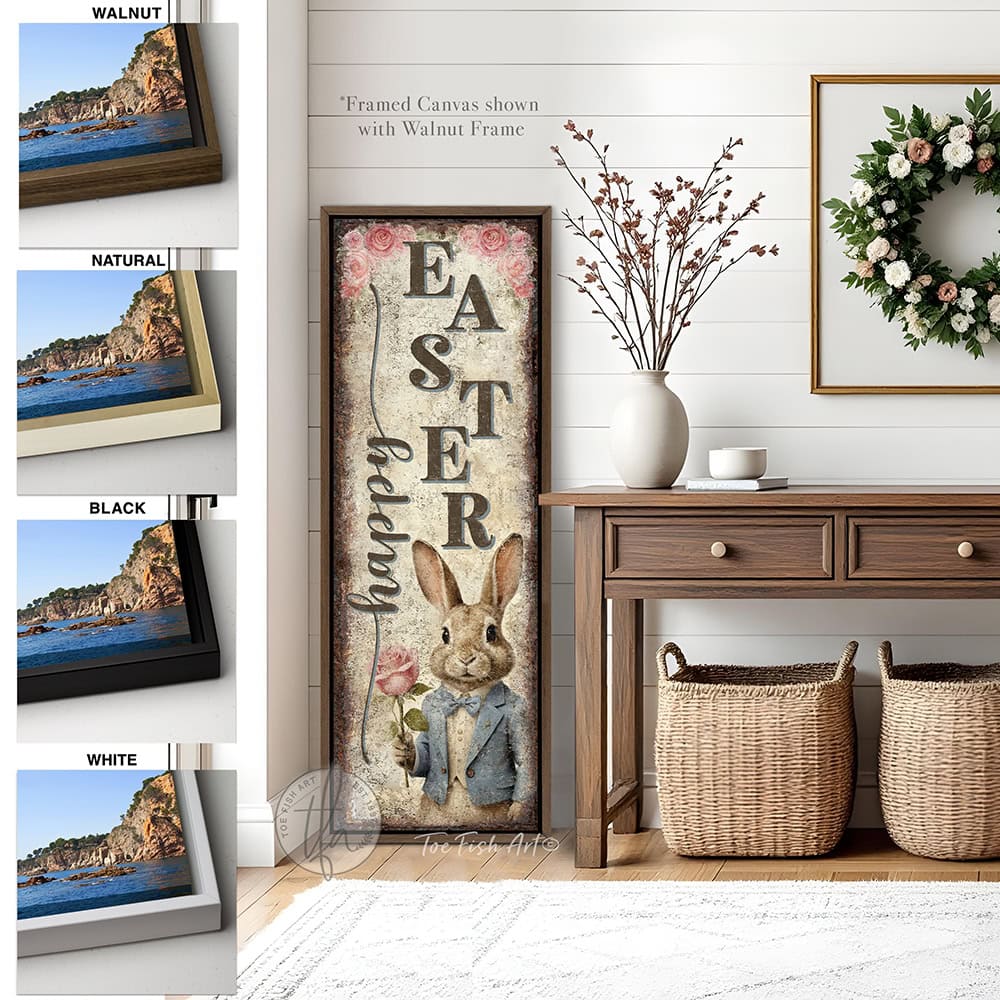 Toe Fish Art makes this premium quality vertical porch leaner "Vintage Easter Bunny Welcome sign" with soft pastel florals and cottagecore farmhouse style to refresh your spring front porch entryway with a "Happy Easter" message. Be surrounded by decor you LOVE! Choose between premium framed canvas or durable outdoor metal. Toe Fish Art makes artisan wall art with American materials. Proudly Made in the USA, each piece is expertly constructed with genuine craftsmanship, heritage quality, and rustic charm.