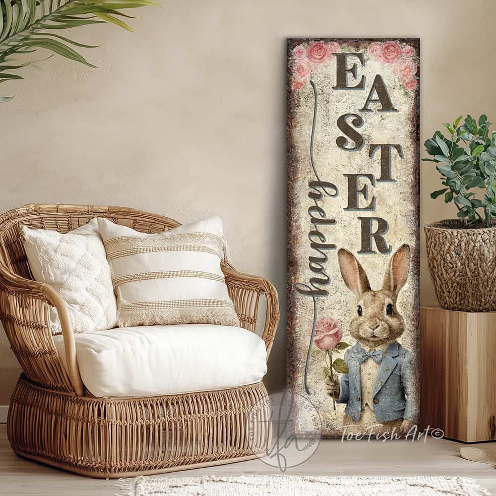Toe Fish Art makes this premium quality vertical porch leaner "Vintage Easter Bunny Welcome sign" with soft pastel florals and cottagecore farmhouse style to refresh your spring front porch entryway with a "Happy Easter" message. Be surrounded by decor you LOVE! Choose between premium framed canvas or durable outdoor metal. Toe Fish Art makes artisan wall art with American materials. Proudly Made in the USA, each piece is expertly constructed with genuine craftsmanship, heritage quality, and rustic charm.
