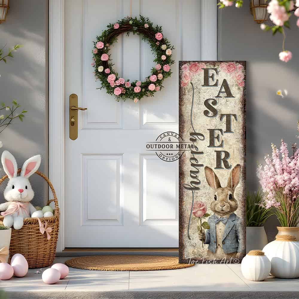 Toe Fish Art makes this premium quality vertical porch leaner "Vintage Easter Bunny Welcome sign" with soft pastel florals and cottagecore farmhouse style to refresh your spring front porch entryway with a "Happy Easter" message. Be surrounded by decor you LOVE! Choose between premium framed canvas or durable outdoor metal. Toe Fish Art makes artisan wall art with American materials. Proudly Made in the USA, each piece is expertly constructed with genuine craftsmanship, heritage quality, and rustic charm.