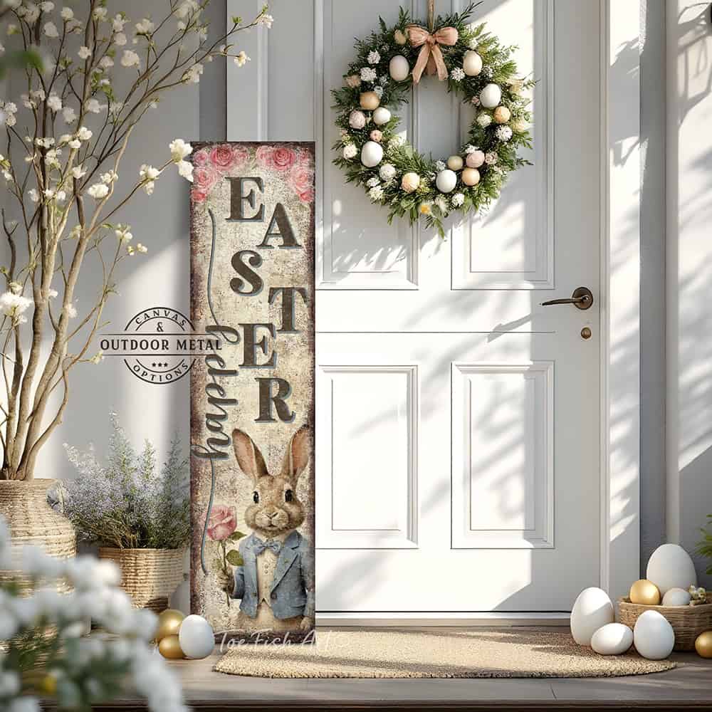 Toe Fish Art makes this premium quality vertical porch leaner "Vintage Easter Bunny Welcome sign" with soft pastel florals and cottagecore farmhouse style to refresh your spring front porch entryway with a "Happy Easter" message. Be surrounded by decor you LOVE! Choose between premium framed canvas or durable outdoor metal. Toe Fish Art makes artisan wall art with American materials. Proudly Made in the USA, each piece is expertly constructed with genuine craftsmanship, heritage quality, and rustic charm.