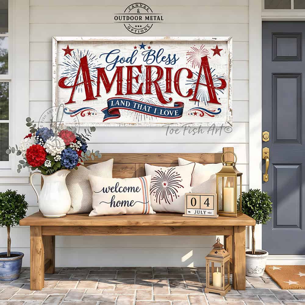 Celebrate America’s 250th anniversary with this God Bless America wall art by Toe Fish Art, a timeless tribute to faith, freedom, and patriotism in red, white, and blue, with a heartfelt message surrounded by stars and fireworks, perfect for 4th of July decor. Choose between premium framed canvas or durable outdoor metal. Toe Fish Art makes artisan wall art with American materials. Proudly Made in the USA, each piece is expertly constructed with genuine craftsmanship, heritage quality, and rustic charm.