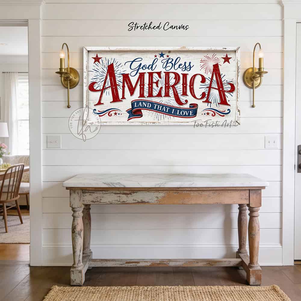 Celebrate America’s 250th anniversary with this God Bless America wall art by Toe Fish Art, a timeless tribute to faith, freedom, and patriotism in red, white, and blue, with a heartfelt message surrounded by stars and fireworks, perfect for 4th of July decor. Choose between premium framed canvas or durable outdoor metal. Toe Fish Art makes artisan wall art with American materials. Proudly Made in the USA, each piece is expertly constructed with genuine craftsmanship, heritage quality, and rustic charm.