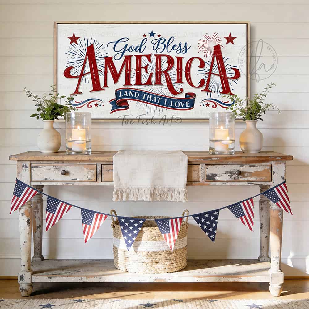 Celebrate America’s 250th anniversary with this God Bless America wall art by Toe Fish Art, a timeless tribute to faith, freedom, and patriotism in red, white, and blue, with a heartfelt message surrounded by stars and fireworks, perfect for 4th of July decor. Choose between premium framed canvas or durable outdoor metal. Toe Fish Art makes artisan wall art with American materials. Proudly Made in the USA, each piece is expertly constructed with genuine craftsmanship, heritage quality, and rustic charm.