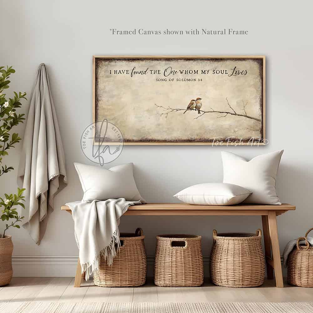 This faith-based wall decor brings the message "I Have Found the One Whom My Soul Loves" to your home through a quaint depiction of two love birds sharing a quiet moment. The artwork conveys a sense of peace, calm, and deep connection. Choose between premium framed canvas or durable outdoor metal. Toe Fish Art makes artisan wall art with American materials. Proudly Made in the USA, each piece is expertly constructed with genuine craftsmanship, heritage quality, and rustic charm.