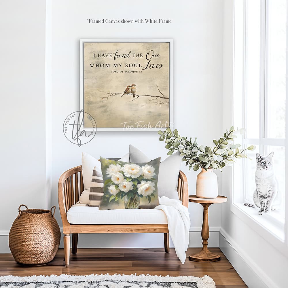 This faith-based wall decor brings the message "I Have Found the One Whom My Soul Loves" to your home through a quaint depiction of two love birds sharing a quiet moment in this square-shaped wall art. The painting conveys a sense of peace, calm, and connection. Choose between premium framed canvas or durable outdoor metal. Toe Fish Art makes artisan wall art with American materials. Proudly Made in the USA, each piece is expertly constructed with genuine craftsmanship, heritage quality, and rustic charm.