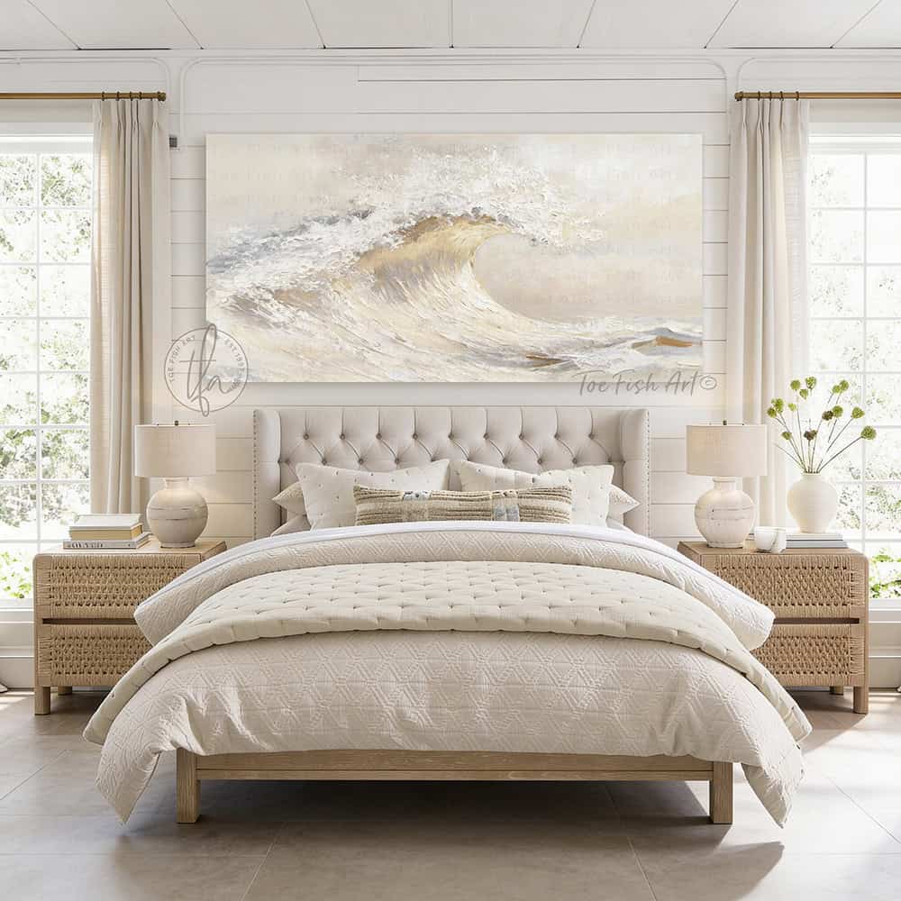 Bring coastal serenity into your home with this stunning Ocean Wave Wall Art exclusively by Toe Fish Art. The color palette is serene neutral tones—soft creams, warm grays, and natural sand hues—with luminous golden sunlight. Be surrounded by decor you LOVE! Choose premium framed canvas or durable outdoor metal. Toe Fish Art makes artisan wall art with American materials. Proudly Made in the USA, each piece is expertly constructed with genuine craftsmanship, heritage quality, and rustic charm.