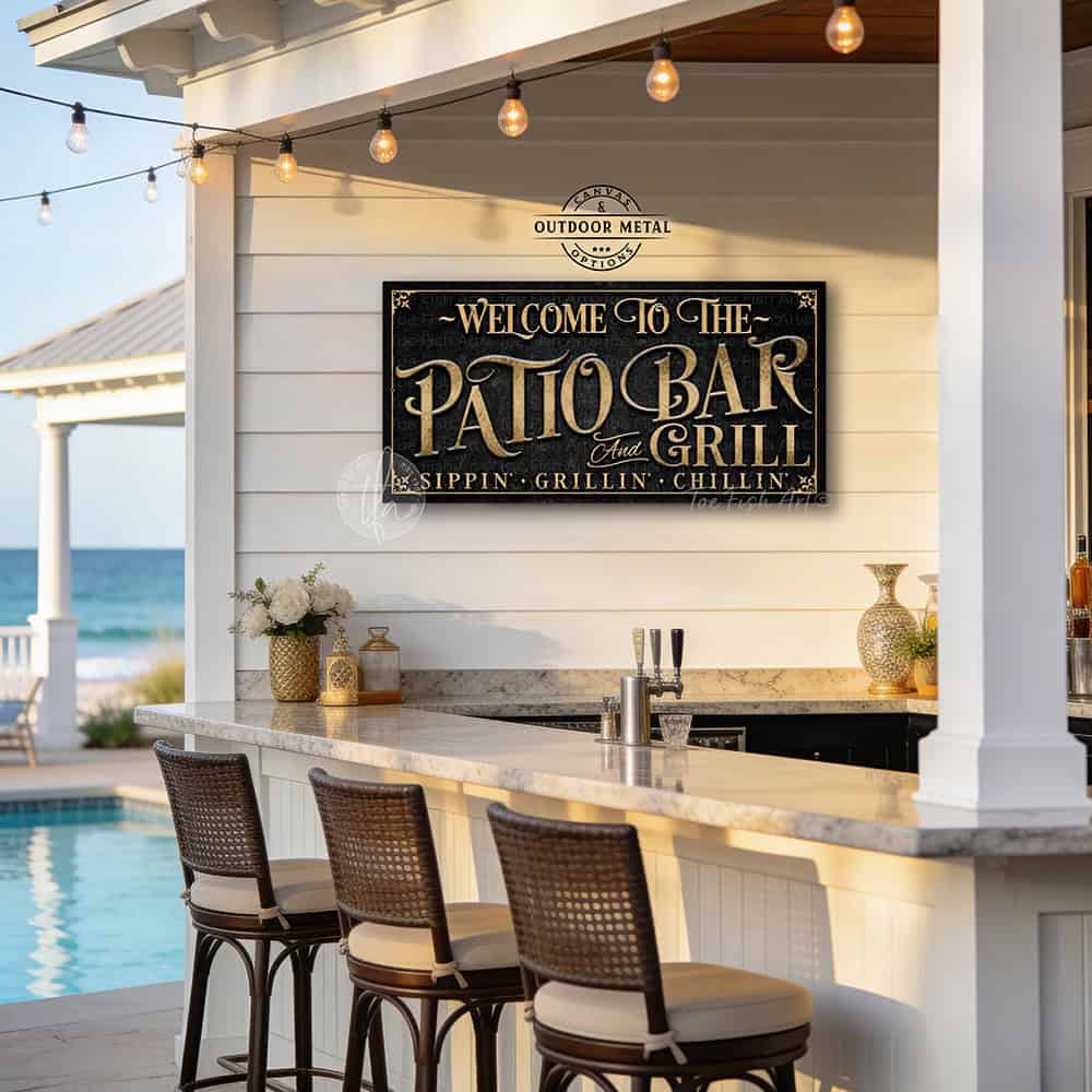 Personalized Patio Bar & Grill Sign by Toe Fish Art in vintage black and rustic gold. Add your own custom text or family name for a unique display. Ideal for summer vibes on patios, decks, outdoor kitchens, and backyard bar areas. Be surrounded by decor you LOVE! Choose between premium framed canvas or durable outdoor metal. Toe Fish Art makes artisan wall art with American materials. Proudly Made in the USA, each piece is expertly constructed with genuine craftsmanship, heritage quality, and rustic charm.
