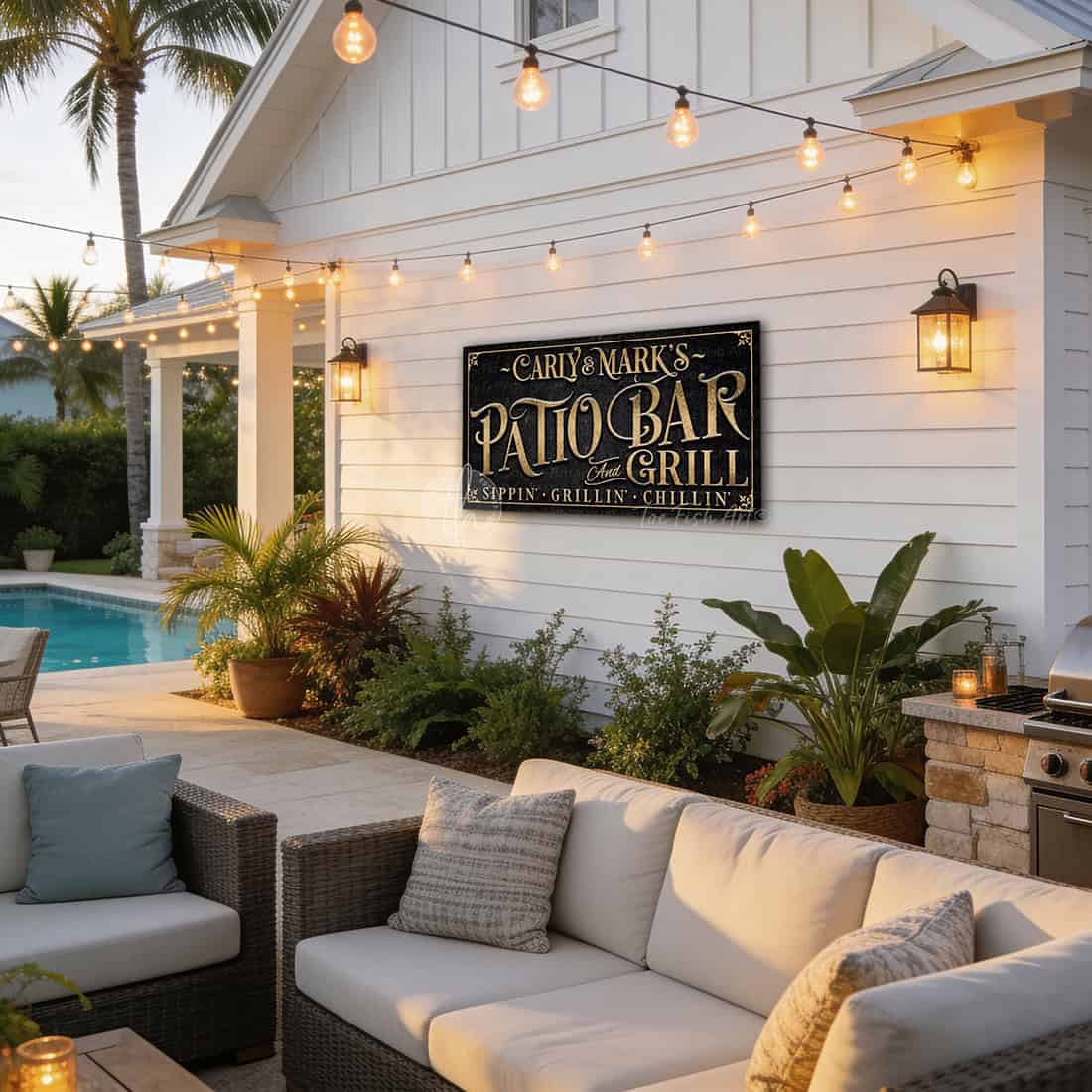 Personalized Patio Bar & Grill Sign by Toe Fish Art in vintage black and rustic gold. Add your own custom text or family name for a unique display. Ideal for summer vibes on patios, decks, outdoor kitchens, and backyard bar areas. Be surrounded by decor you LOVE! Choose between premium framed canvas or durable outdoor metal. Toe Fish Art makes artisan wall art with American materials. Proudly Made in the USA, each piece is expertly constructed with genuine craftsmanship, heritage quality, and rustic charm.