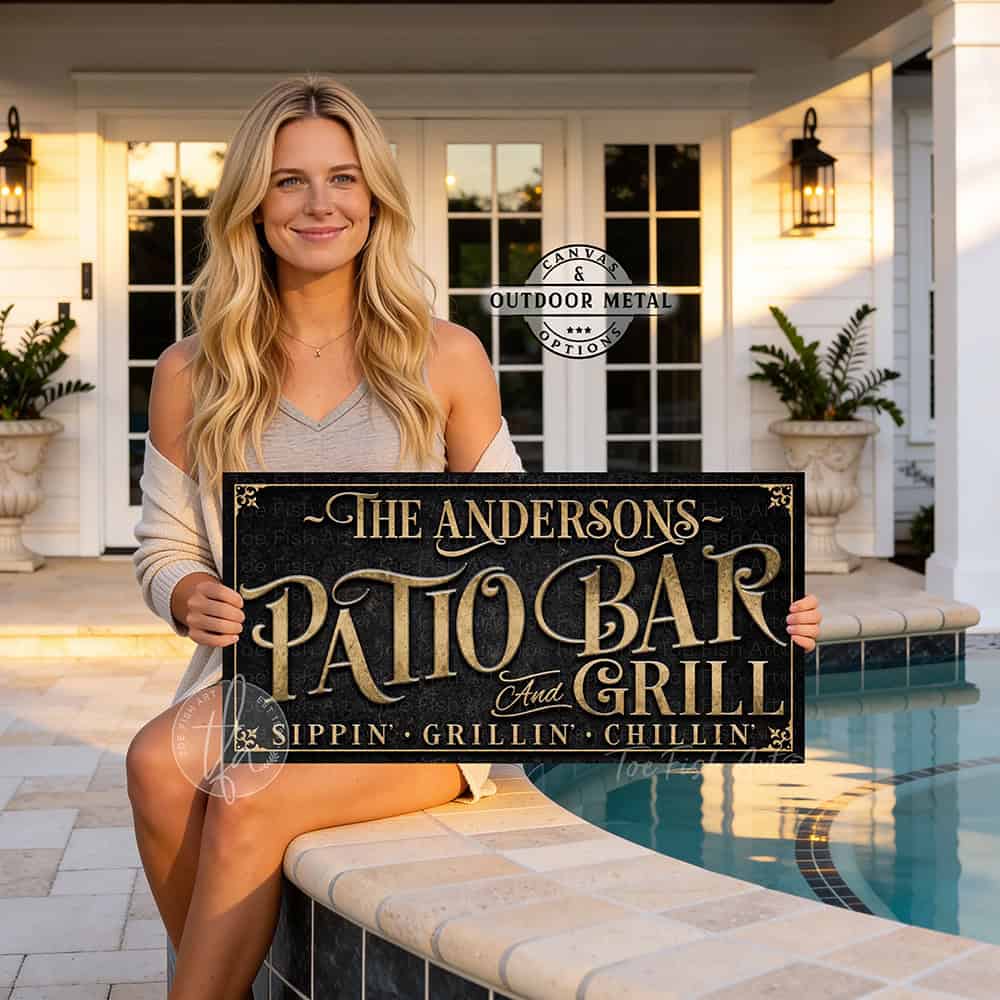 Personalized Patio Bar & Grill Sign by Toe Fish Art in vintage black and rustic gold. Add your own custom text or family name for a unique display. Ideal for summer vibes on patios, decks, outdoor kitchens, and backyard bar areas. Be surrounded by decor you LOVE! Choose between premium framed canvas or durable outdoor metal. Toe Fish Art makes artisan wall art with American materials. Proudly Made in the USA, each piece is expertly constructed with genuine craftsmanship, heritage quality, and rustic charm.