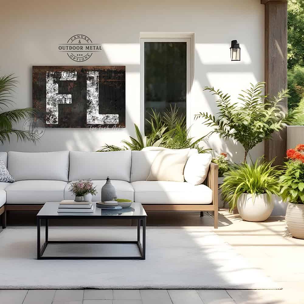 Personalized USA state location wall art featuring your custom two-letter state abbreviation on a dark, distressed industrial farmhouse background with vintage rustic charm and faded white lettering. Be surrounded by decor you LOVE! Choose between premium framed canvas or durable outdoor metal. Toe Fish Art makes artisan wall art with American materials. Proudly Made in the USA, each piece is expertly constructed with genuine craftsmanship, heritage quality, and rustic charm.