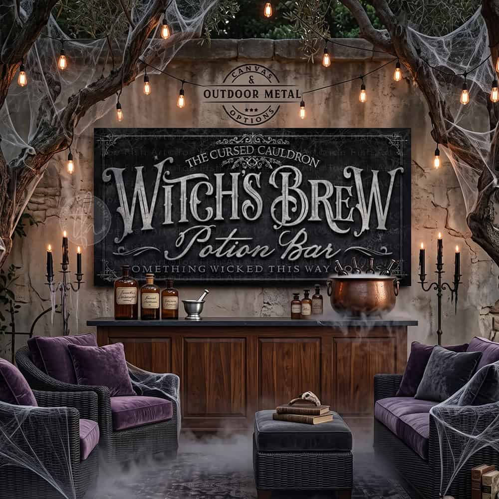 Create the ultimate Halloween home bar, coffee station, or porch display with this personalized Witch’s Brew Potion Bar sign from Toe Fish Art, built for interior and exterior spaces. Choose between premium framed canvas or durable outdoor metal. Toe Fish Art makes artisan wall art with American materials. Proudly Made in the USA, each piece is expertly constructed with genuine craftsmanship, heritage quality, and rustic charm.